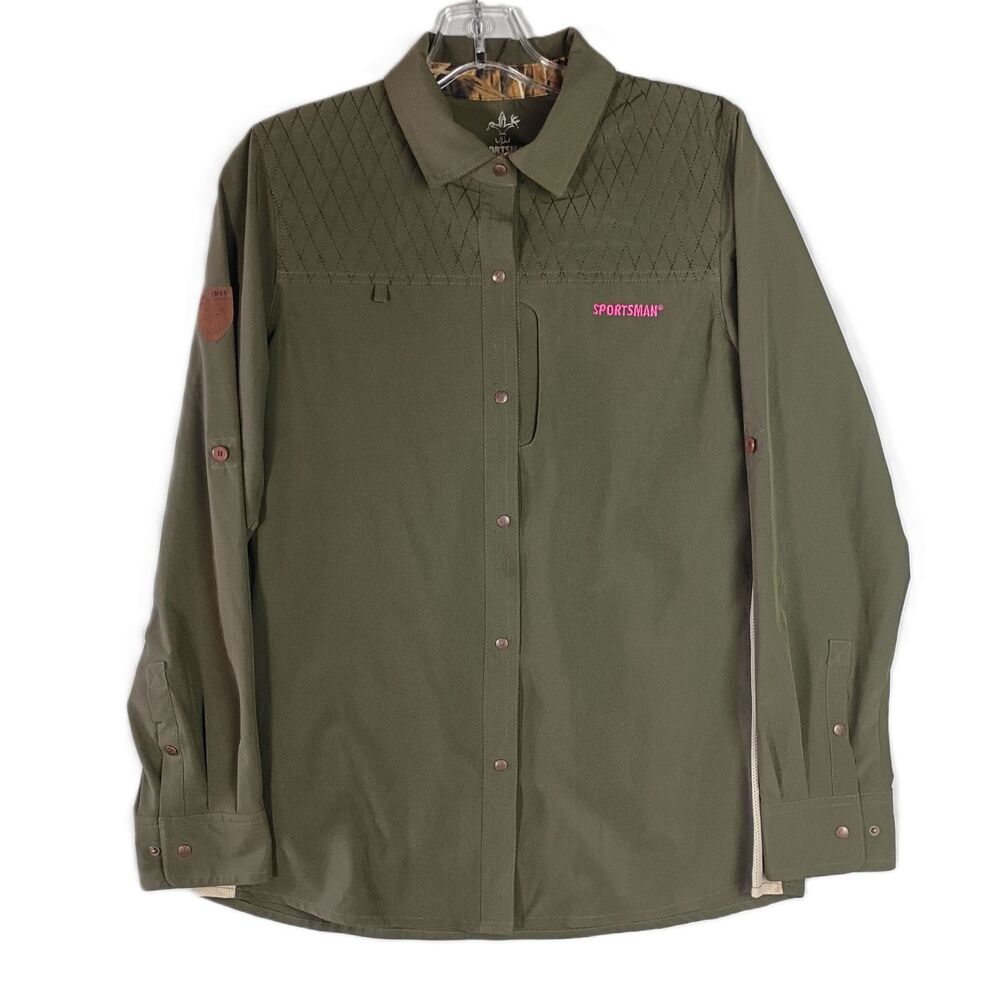 Sportsman Womens Size M Snap Button Up Shirt Long Sleeve Olive Green